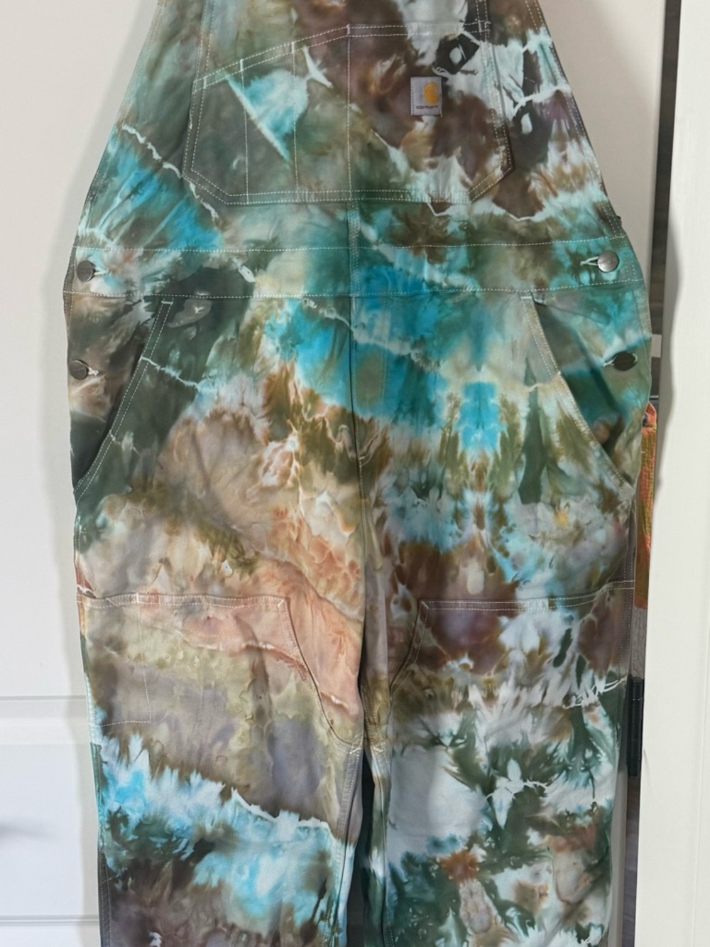 Carhartt Tie-Dye Overalls in Teal, Brown, White - Picture 5 of 9